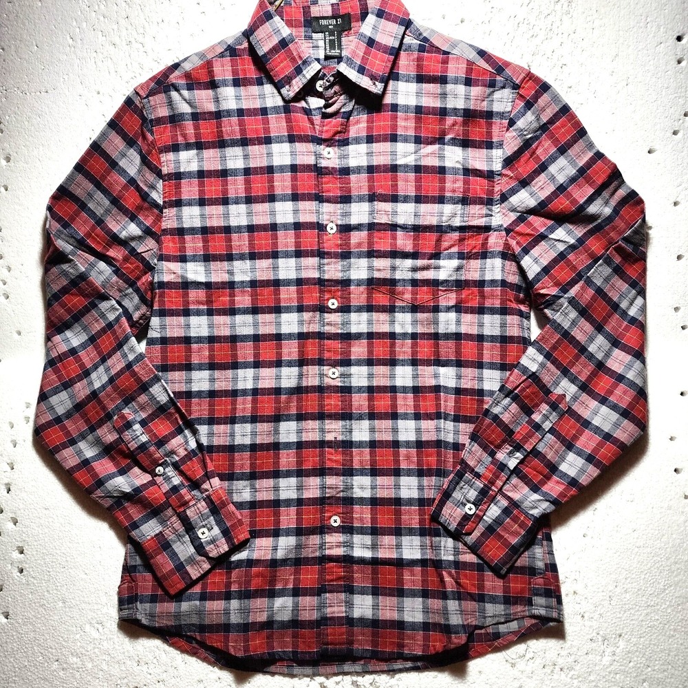 Forever 21 Shirt Mens Small Red White Plaid Button Down Collared Long Sleeve